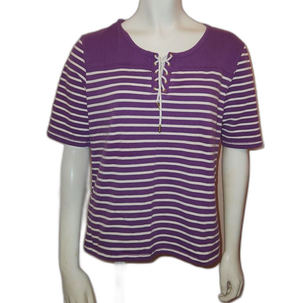 Laura Scott Purple and White Striped Lace Up Short Sleeve Top Womens Size PXL